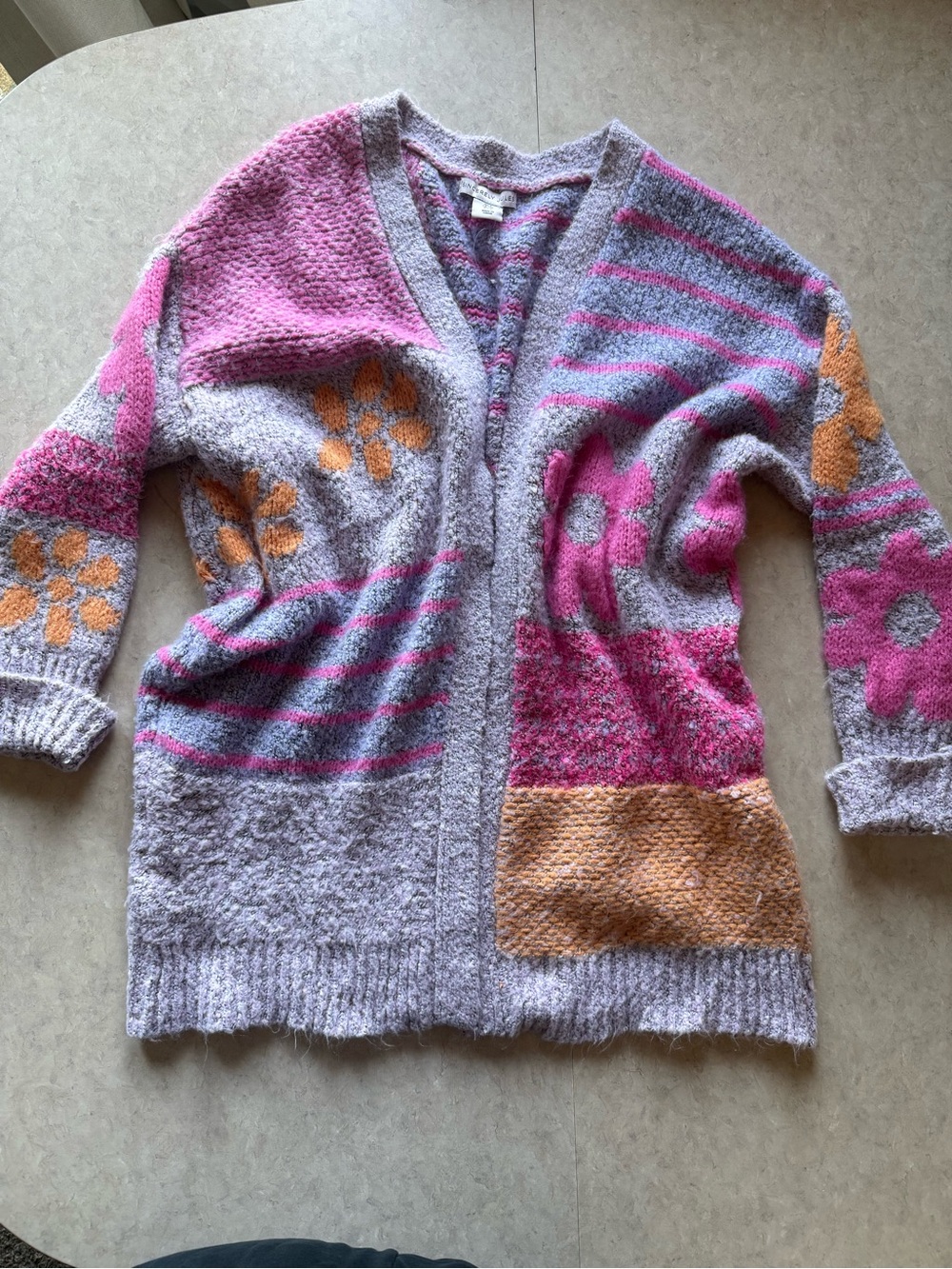Cozy Floral Patchwork Open Cardigan - Lavender, Pink & Orange